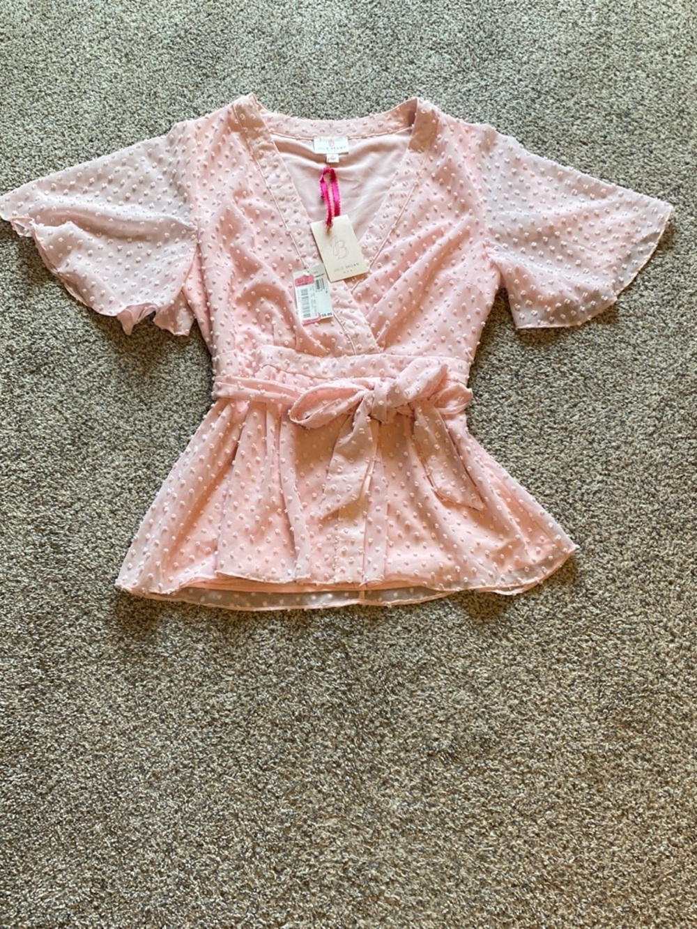 JB by Julie Brown NWT Women’s Blush Pink Swiss Dot Wrap Peplum Blouse Size M